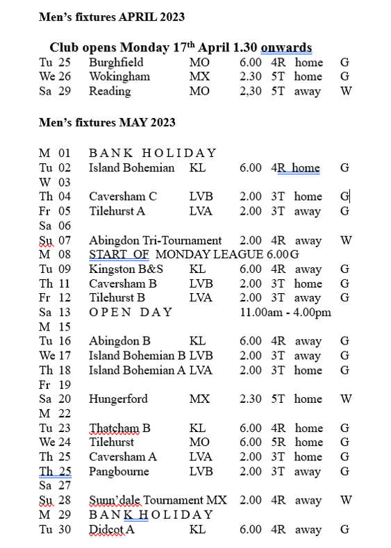 Men's fixtures April / May 2023
