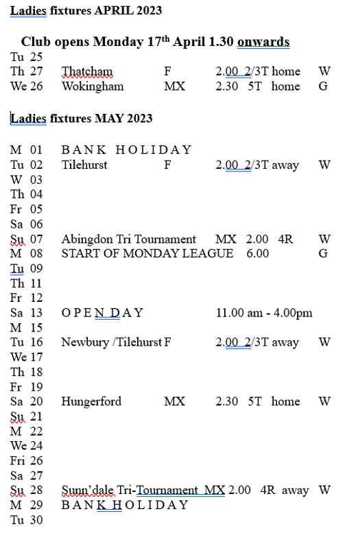 Ladie's fixtures April/May 2023