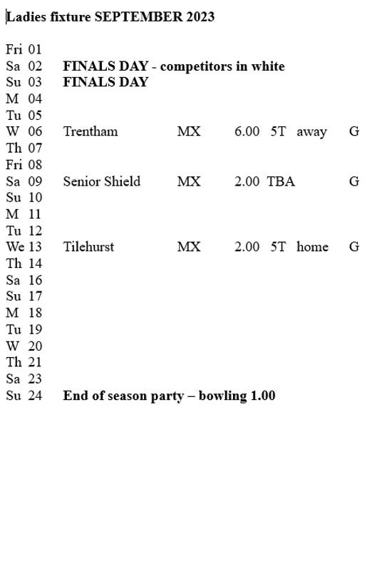 Ladie's fixtures September 2023